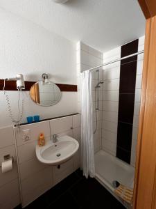 a bathroom with a sink and a shower at Ferienhof Schäfer in Oberderdingen +15 photos