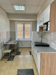 a kitchen with a table and chairs and a sink at Апартаменти Пасаж 2 in Skhidnitsa