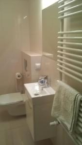 biała łazienka z umywalką i toaletą w obiekcie Apartament w Toruniu w Toruniu