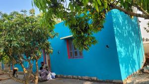 a blue house with a man standing in front of it at Rd resort in Jāmb