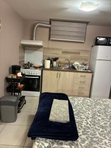 a kitchen with a bed and a stove top oven at Studio Almyros in Almiros