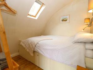 a small bedroom with a bed with a skylight at Vine View in Halesworth