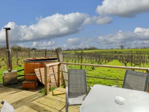 a deck with a table and chairs and a field of grapes at Vine View in Halesworth