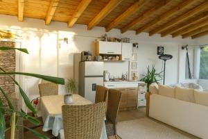 a kitchen and living room with a table and a refrigerator at The Green House - Jacuzzi & Garden Escape in Timişoara