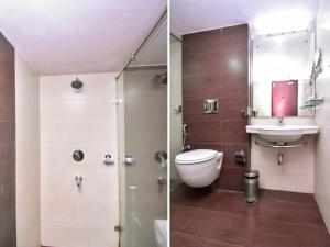 two pictures of a bathroom with a toilet and a sink at Hotel Sky Pearl in Kannur +37 photos