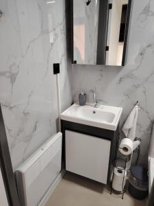a white bathroom with a sink and a mirror at Haller Camping in Budapest