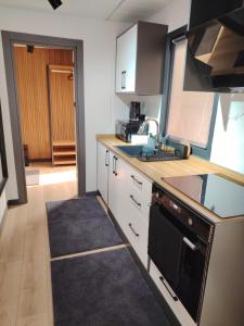 a kitchen with a sink and a stove top oven at Haller Camping in Budapest