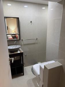 a bathroom with a shower and a toilet and a sink at Cuatro Soles in Ezeiza