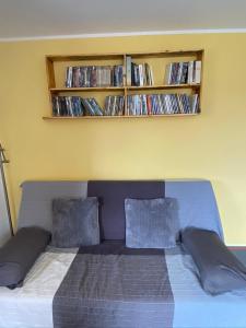 a bedroom with a bed with two pillows and dvds at Fewo 4 in Markkleeberg
