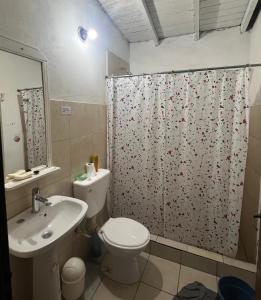 a bathroom with a toilet and a shower curtain at Departamento Favaloro in RSA