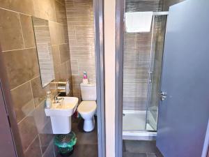 a bathroom with a toilet and a sink and a shower at Abigail's Hostel in Dublin +59 photos