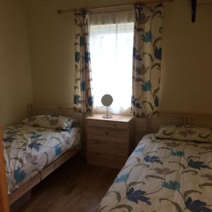 1 dormitorio con 2 camas y ventana en Ty'r Afon - River Cottage, en Bala