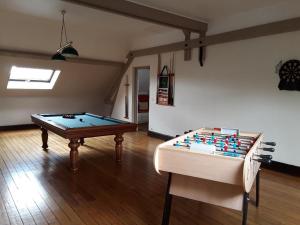 a living room with a pool table and a couch at Gîte with pool & Nordic bath in Monthois