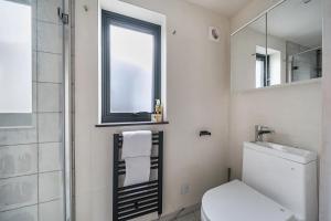a bathroom with a toilet and a sink and a window at Grove Cottage in Kington