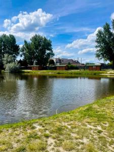 a body of water with houses in the background at Chatka pri vode aj pre rybárov 3 in Galanta