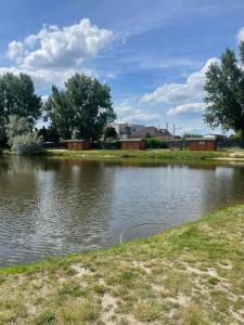 a body of water with houses in the background at Chatka pri vode aj pre rybárov 3 in Galanta +1 photo