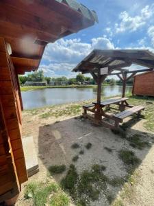 a picnic table with a roof next to a lake at Chatka pri vode aj pre rybárov 3 in Galanta