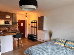 a bedroom with a bed and a kitchen with a counter at La charmeraie in Compiègne +59 photos