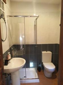 a bathroom with a sink and a toilet and a shower at Casa Rural Las Mieles in Chillarón del Rey +8 photos