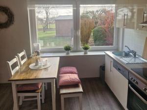 a small kitchen with a table and a sink at Rotbuche in Ruhwinkel
