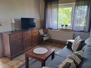 a living room with a blue couch and a tv at Feldblick in Ruhwinkel
