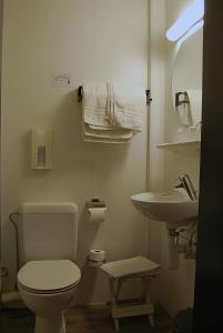 a small bathroom with a toilet and a sink at Hotel Montana in De Panne