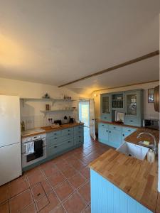 a kitchen with blue cabinets and a white refrigerator at Wayeview Cottage on working Devon farm in Ipplepen