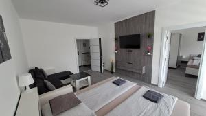 a living room with a bed and a couch at Grey Harmony Apartman in Debrecen