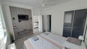 a bedroom with a bed and a tv on a wall at Grey Harmony Apartman in Debrecen +14 photos
