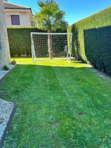 a soccer goal in a yard with a palm tree at La Villa Allariz in Allariz