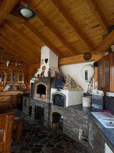 a kitchen with a stone oven in a room at Slnečný domček Sučany in Sučany