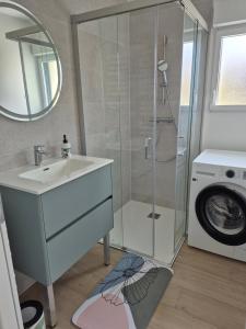 a bathroom with a shower and a sink and a washing machine at Le cocoon idyllique in Faverolles-sur-Cher +24 photos