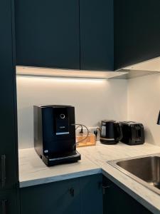 a kitchen with a counter top with a microwave at Loo Apartment in Loo