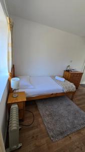 a bedroom with a bed and a table and a rug at Snowdonia Mountain Lodge in Bethesda