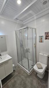 a bathroom with a shower and a toilet and a sink at Cantinho de Milfontes 1 in Vila Nova de Milfontes +23 photos