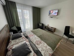 a bedroom with a bed and a tv and a window at Apartmán Rose in Podhájska