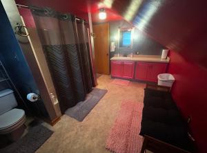 a bathroom with a shower and a toilet and a sink at Del La Rose in Clarksburg +23 photos