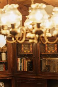 a chandelier is hanging over a cabinet with books at NEKO no TSUKI in Takayama