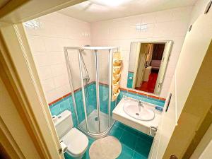 a bathroom with a shower and a toilet and a sink at Apartamentos Las Margas Sabiñánigo 3000 in Sabiñánigo +49 photos