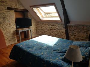 a bedroom with a bed with a window and a television at Gîte des Gatinelles in Erbray