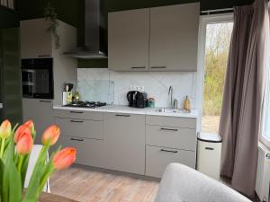a kitchen with white cabinets and a sink at De Meerkoet Tiny House Tussen de Dijken in Driewegen