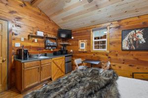 a kitchen in a cabin with wooden walls at Raven Rock Getaway- Firepit Nights Getaway in Rapid City