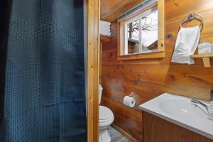 a bathroom with a shower and a toilet and a sink at Raven Rock Getaway- Firepit Nights Getaway in Rapid City +19 photos