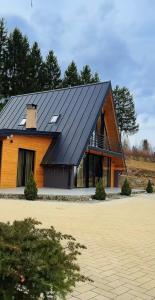 a house with a black roof on top of it at Rodnei Retreat & Spa in Borşa