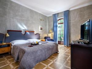 ein Schlafzimmer mit einem großen Bett und einem Fernseher in der Unterkunft Hotel Maltański in Krakau