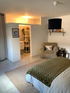 a bedroom with a bed and a chair and a television at Les Toits d'Aniane in Aniane