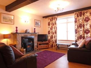 a living room with a fireplace and a tv at Drws y Nant in Dolgellau