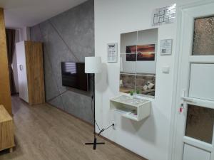 a room with a mirror and a lamp and a television at Six Windows Apartmani in Bačka Topola +25 photos