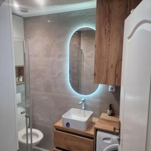 a bathroom with a sink and a toilet and a mirror at Apartman Ana Bijeljina in Bijeljina
