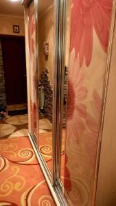 a shower stall with a flower painted on the wall at Two bedroom in Park Zone in Kamianets-Podilskyi